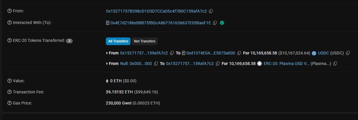 Один из пользователь потратил 39 ETH $100 000 на комиссию, чтобы инвестировать $10 000 000 USDC в Plasma.