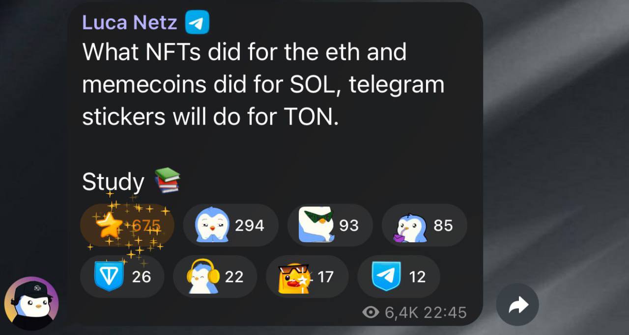 Команда Pudgy Penguins в своем Telegram канале пишут:  "То, что NFT сделали для ETH, а мемкоины — для SOL, стикеры Telegram сделают для TON"  Аккаунт в Twitter подтверждает то, что канал с данным постом в Telegram принадлежит команде Пингвинов.  Ждем иксы на стикерах     TON WORLD   OG TON   Трейдинг бот на TON