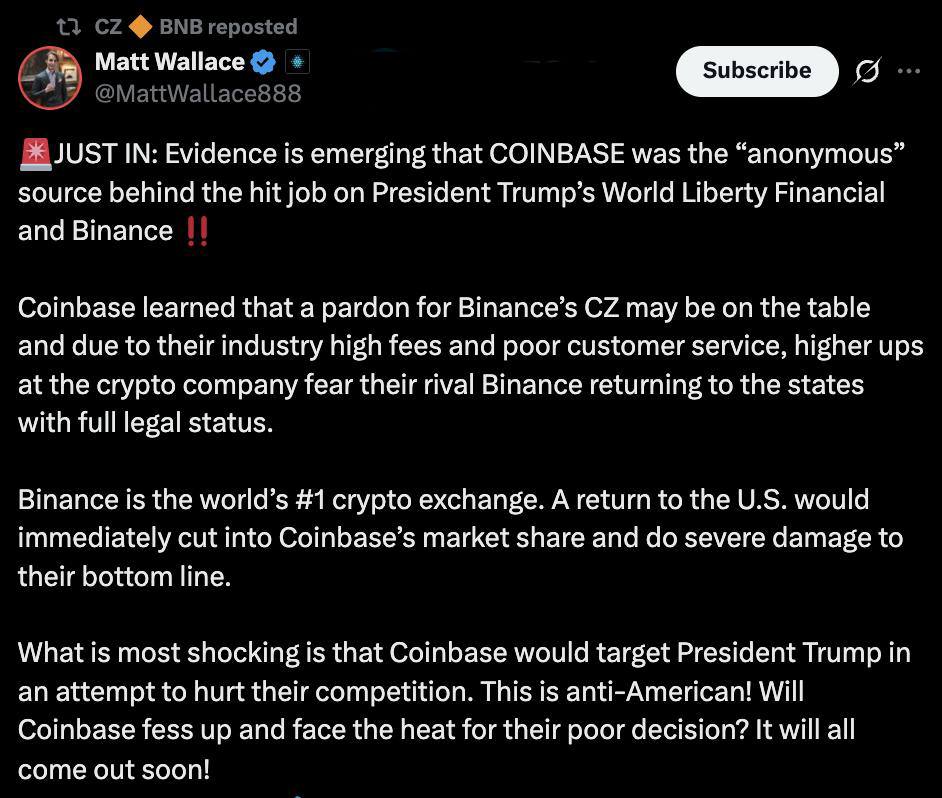 CZ намекнул на участие Coinbase в «заказных вбросах» против Binance. Чанпэн Чжао поделился твитом, в котором содержатся обвинения в адрес биржи Coinbase, утверждающего, что именно она является «анонимным источником» Bloomberg, который стоит за разоблачениями против Binance и World Liberty Financial. В посте говорится, что Coinbase опасается возможного помилования CZ и возвращения Binance в США, что могло бы негативно сказаться на их рыночной доле. Оставайтесь в курсе последних новостей вместе с