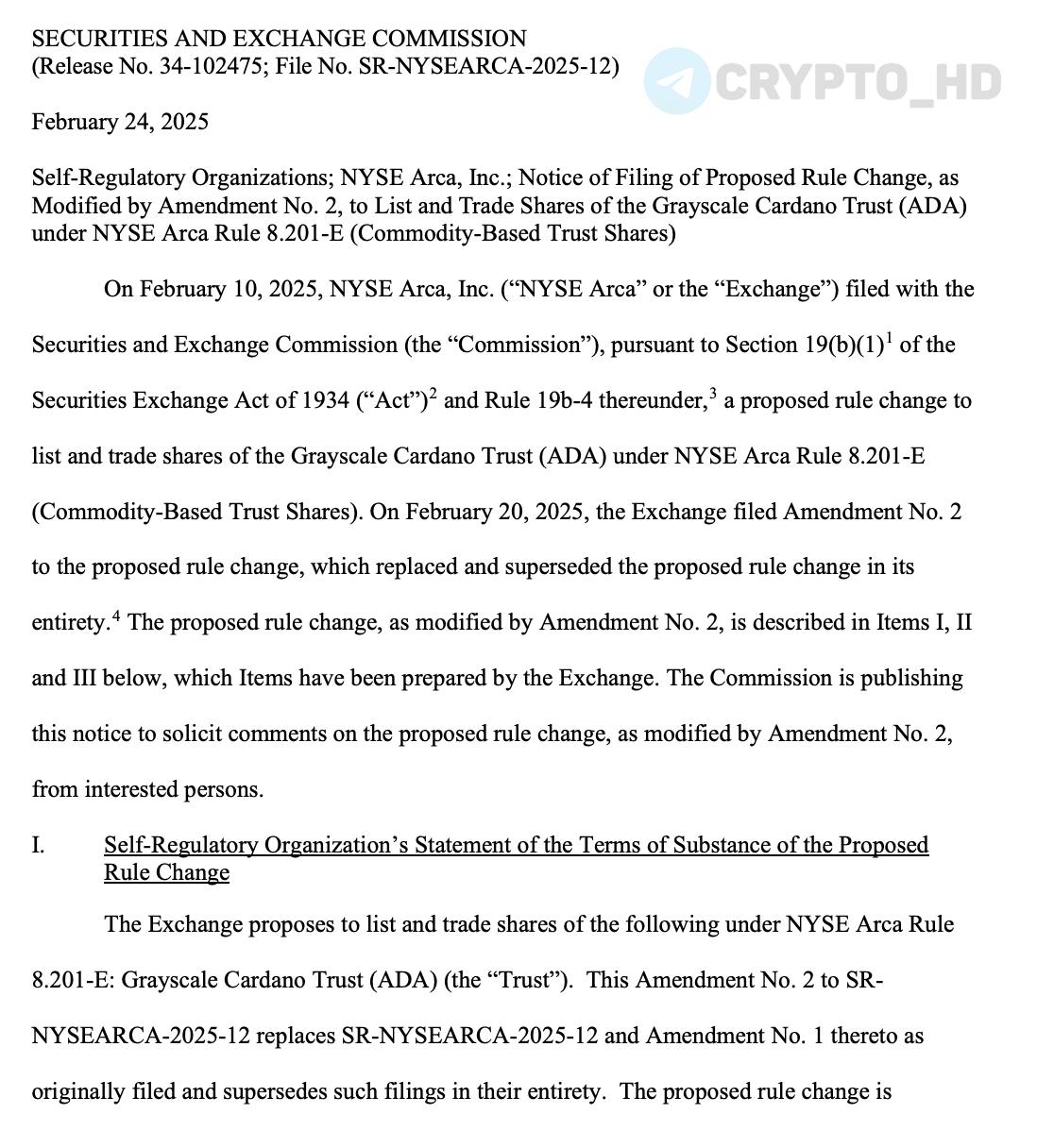 #ADA SEC приняла на рассмотрение заявку на запуск Cardano ETF от Grayscale!  документ   Крайний срок решения SEC = 240 дней после добавления в фед. реестр  этот период разбит на 4 этапа: 45 дней, 45 дней, 90 дней и 60 дней .  Ранее: анонс заявки  Crypto Headlines