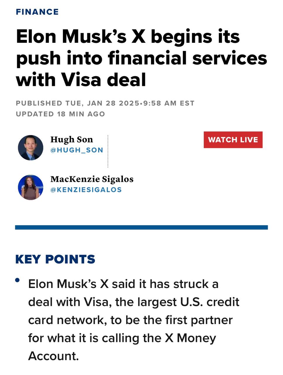 Маск и Visa запускают «X Money Account» – революция на Twitter  X ?  CNBC сообщает: Илон Маск заключил сделку с Visa для интеграции финансовых инструментов в Twitter  X .    Что это значит?  • Пользователи смогут переводить деньги между банковскими счетами и цифровыми кошельками через Zelle или Venmo.  • Это первый шаг к созданию полноценной финансовой экосистемы внутри Twitter  X .  Почему это важно? Маск реализует свое видение платформы X как универсального приложения, объединяющего соцсеть, финансы и многое другое.  Что думаете?    Gem Hunters l Чат    Bybit  OKX