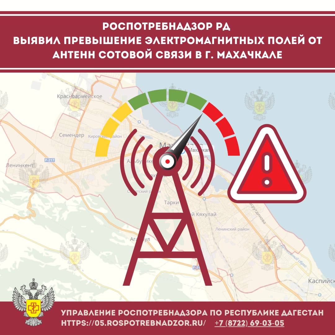 Роспотребнадзор выявил превышение электромагнитных полей от антенн сотовой связи в г. Махачкале  Управлением Роспотребнадзора по Республике Дагестан в рамках осуществления социально-гигиенического мониторинга проведены измерения уровней плотности потока энергии от антенн сотовой связи, расположенных на территории г. Махачкалы. Измерения уровней плотности потока энергии проведены по месту нахождения антенн сотовой связи, расположенных по адресам: ул. Аскерханова, д. 9, ул. Аскерханова, д. 13 и пр. Петра I, 5.   По результатам проведенных измерений установлено, что уровни плотности потока энергии электромагнитного поля от работы антенн сотовой связи превышают предельно допустимые уровни в несколько раз, в том числе в жилом помещении расположенного рядом многоквартирного дома в 4,4 раза и кабинетах образовательных организаций в 1,7 раз.  В отношении оператора сотовой связи подготовлено и направлено в суд исковое заявление с требованием приостановить функционирование антенн сотовой связи до приведения уровней электромагнитных полей до допустимых гигиенических нормативов.