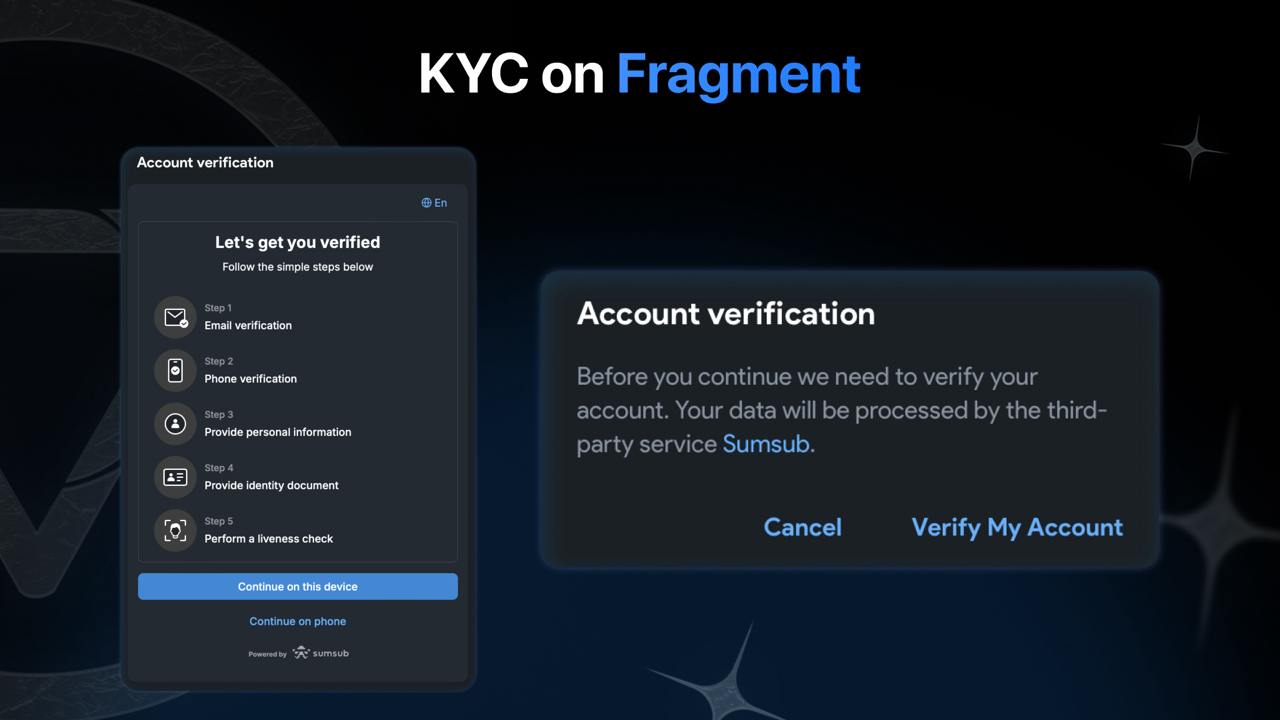 KYC на Fragment  На платформе Fragment теперь введена верификация. Для покупки анонимных номеров, юзернеймов и Telegram Stars необходимо пройти проверку через сервис Sumsub. К слову, этот же сервис используется для верификации в Wallet.  Введение KYC может быть связано с выходом на рынок США, либо же с грядущей конвертацией лимитированных подарков в NFT и появлением вторичного рынка на Fragment.   Telegram, прежде чем как начать активную продажу подарков на глобальном уровне, важно соблюдать меры по борьбе с отмыванием денег.  Интересно, что продажа анонимных номеров по-прежнему доступна без необходимости прохождения KYC.  А что вы думаете на этот счет?  Ваш верифицинированный  хоть и не хотелось