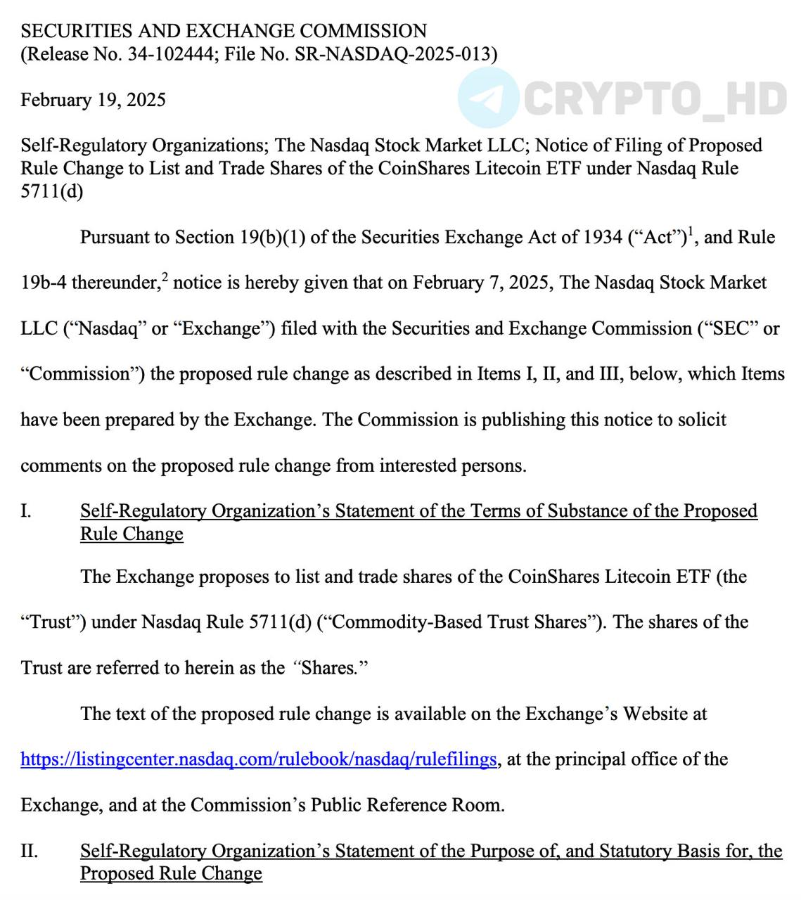 #LTC SEC приняла на рассмотрение заявку на запуск Litecoin ETF от CoinShares!  документ   Крайний срок решения SEC = 240 дней после добавления в фед. реестр  этот период разбит на 4 этапа: 45 дней, 45 дней, 90 дней и 60 дней .  Ранее: - Grayscale - Canary Capital - LTC ближе всех   Crypto Headlines