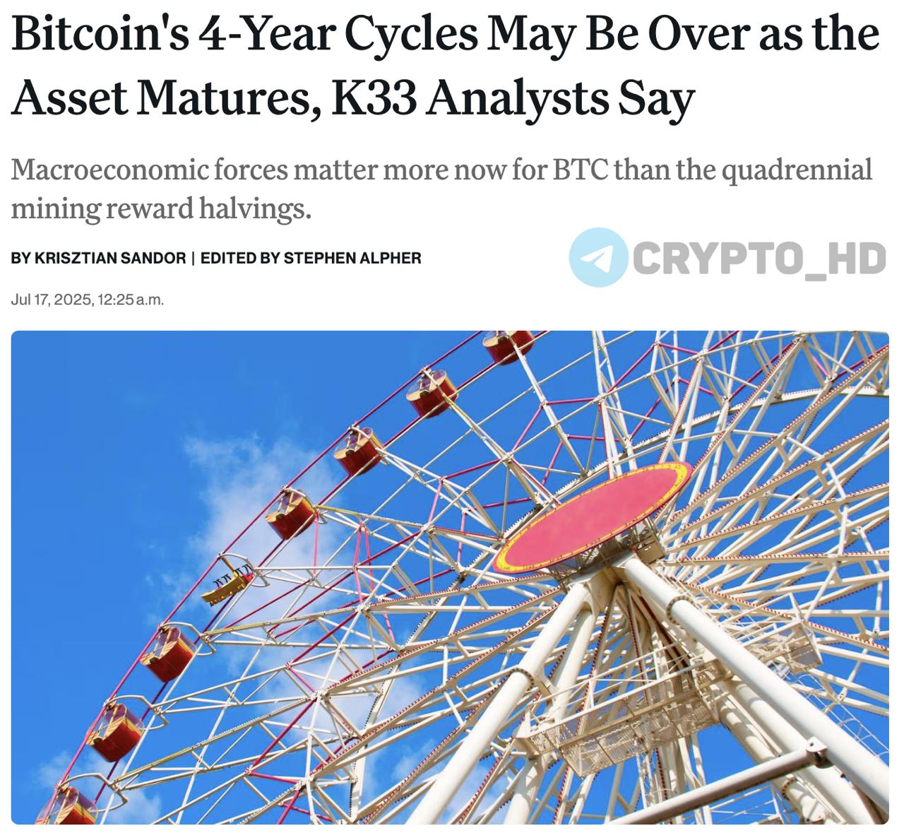 Циклы BTC больше не работают? Аналитики K33 Research считают, что привычная модель роста BTC каждые 4 года уходит в прошлое. Эффект халвинга слабеет – если раньше это вызывало резкий рост цен, теперь институциональный и государственный спрос играют куда большую роль. BTC становится не спекулятивным активом, а средством сбережения. По старой модели 4-летних циклов пик должен наступить в октябре 2025 года. Crypto Headlines