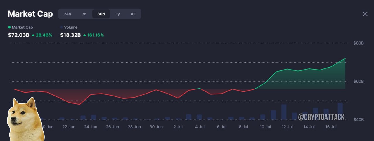 Рыночная капитализация мемкоинов выросла на 29% в июле. cointelegraph #memecoin