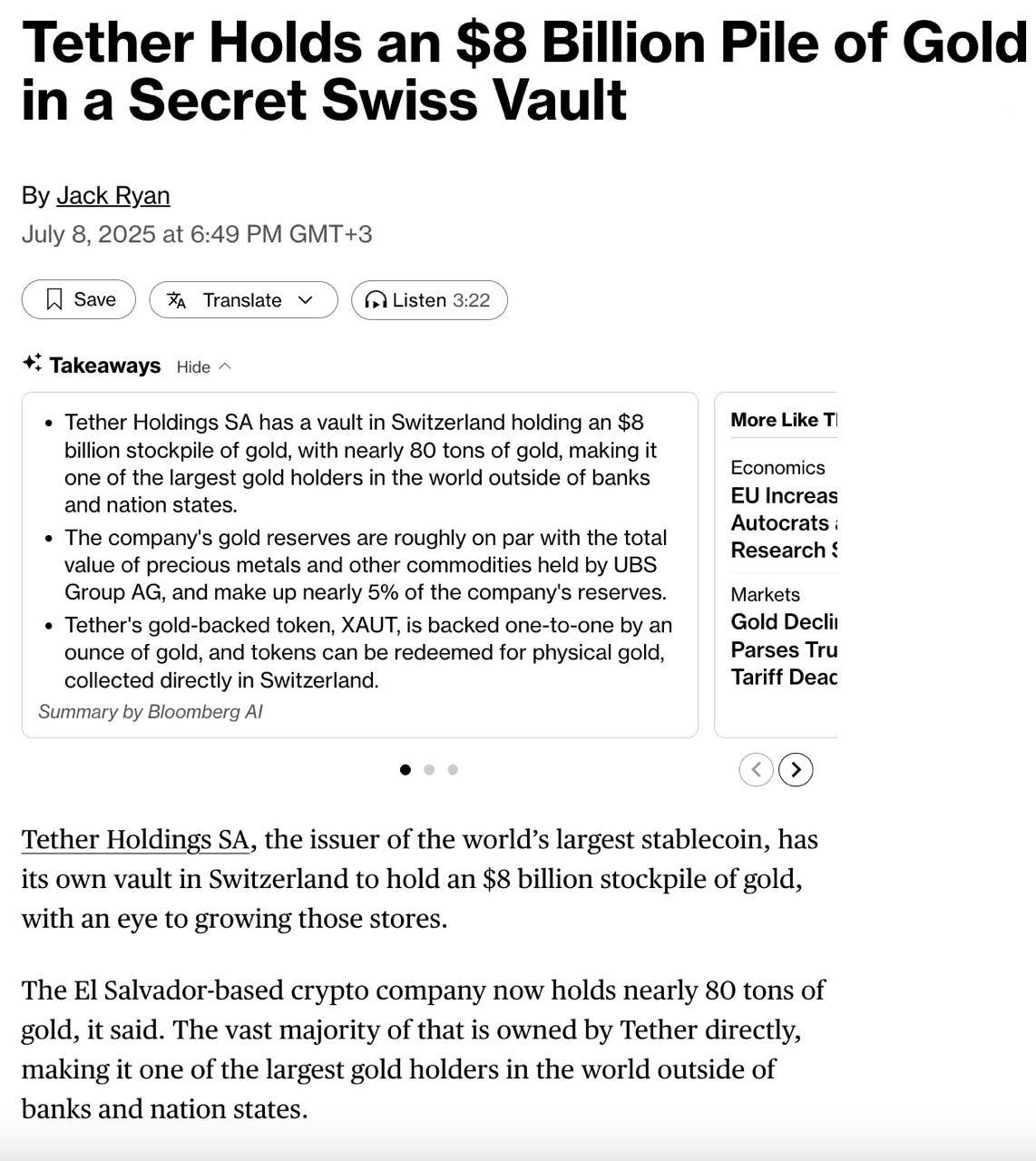 Bloomberg сообщает, что Tether хранит золото на сумму 8 миллиардов долларов в секретном хранилище в Швейцарии. Эмитент USDT накопил почти 80 тонн золота, что делает его одним из крупнейших частных держателей драгоценных металлов в мире. Золото составляет примерно 5% резервов Tether.
