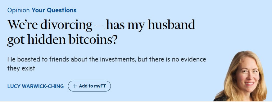 FT опубликовал материал о том, как вычислить криптовалютные активы у своей второй половинки при бракоразводном процессе. Издание пообщалось с юристами, заявившими, что практика сокрытия криптовалютных активов у таких пар становится все более распространенной. В статье даже приводится пособие к действию, например, рекомендуется начать с анализа банковских счетов в пользу криптобирж и налоговых деклараций, поскольку все больше платежных провайдеров требуют привязку к имени и адресу. Если вы не можете найти документальных доказательств того, что ваш супруг владеет криптовалютными активами, доказательством в суде могут выступить сохраненные переписки. Главное — дать понять неразглашающей стороне, что судом предусмотрена ответственность за это. Новости AI YouTube