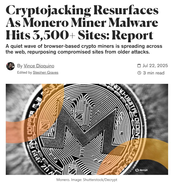 Хакеры заразили более 3 500 веб‑сайтов скрытым майнером Monero — вредонос попадает на уязвимые сайты чаще всего WordPress и e-commerce и запускает в браузере посетителей скрипт, который майнит криптовалюту. Он нагружает процессор совсем немного и маскирует трафик через WebSocket, из-за чего его трудно обнаружить стандартными средствами защиты.