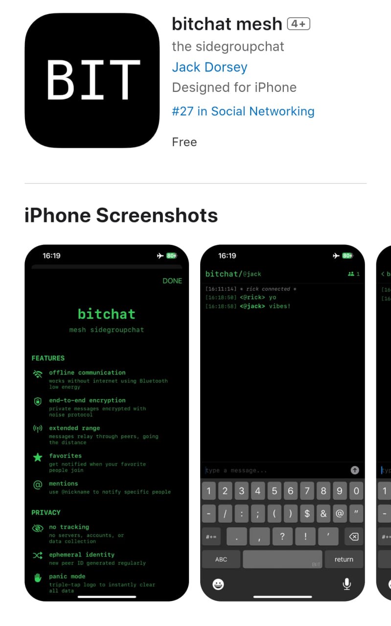 Мессенджер, работающий БЕЗ ИНТЕРНЕТА вышел в App Store!Bitchat соединяет смартфоны в одну mesh-cеть и передает сообщения по Bluetooth. Главные киллер-фичи: • Регистрация НЕ НУЖНА • Все сообщения зашифрованы и хранятся у вас • Мессенджер доступен, даже когда включены глушилки — и в любых других экстремальных условиях. Забираем в App Store тут. Бэкдор