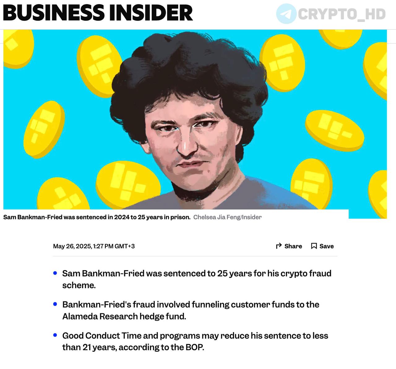 Тюремный срок Сэма Бэнкмана-Фрида могут сократить на 4 года – Business Insider Если основатель FTX не нарушит тюремных правил, то выйдет на свободу 14 декабря 2044 года за хорошее поведение . Ранее: 25 лет Crypto Headlines