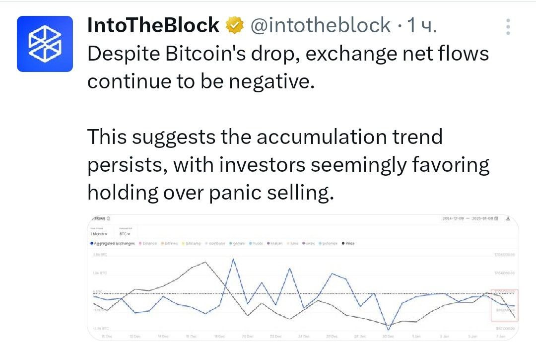 IntoTheBlock отмечают, что несмотря на падение биткоина, чистые биржевые потоки остаются отрицательными.  «Это говорит о сохранении тенденции к накоплению, когда инвесторы предпочитают удерживать средства, а не панически продавать»