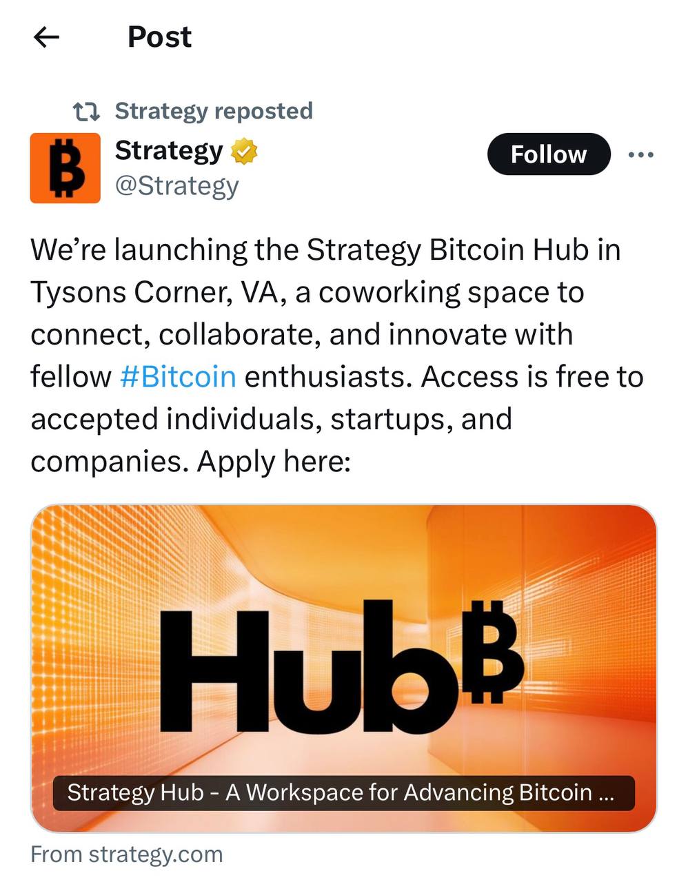 Strategy  бывшая MicroStrategy  запускает Bitcoin Hub — пространство для сотрудничества и развития биткоин-инноваций. Участники получат:  Бесплатное коворкинг-пространство   Доступ к образовательным и аналитическим материалам  Поддержку экосистемы для ускоренного внедрения BTC   Крипто ТВ