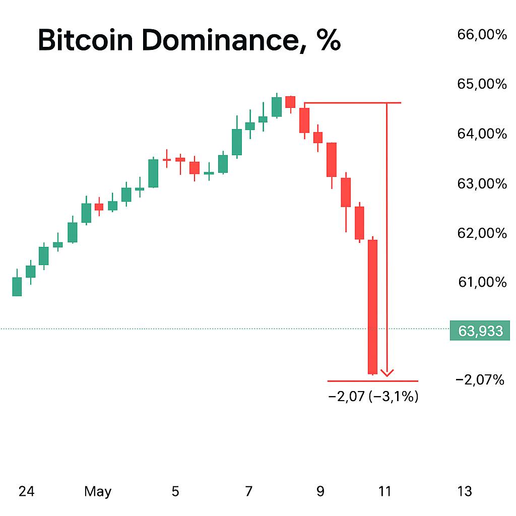 Доминация биткоина пошла вниз За последние двое суток доля BTC на рынке просела на более чем 3%, опустившись к уровню 63%. Это заметное снижение дало свободу движения альтам, что и вызвало волну роста по многим монетам. Хотя пока ещё рано говорить о полной смене рыночной структуры, если тренд на снижение продолжится и доминация упадёт ниже 55%, это можно будет считать сигналом к началу полноценного альт-сезона. Следим за развитием — сейчас открываются интересные возможности в рынке альтов. Ataman Чат Circle 1% Bybit BingX