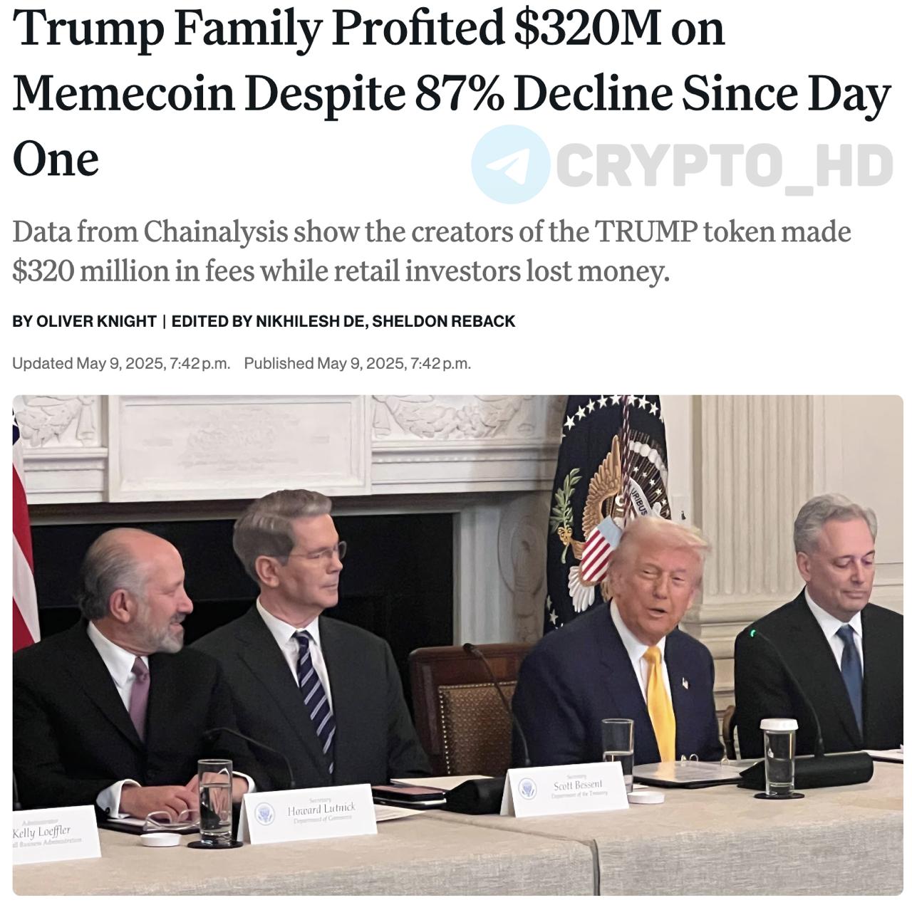 Семья Дональда Трампа заработала 320,000,000$ на мемкоине #TRUMP, несмотря на снижение на 87% с момента запуска — Chainalysis Общий прирост состояния семьи за счет криптовалюты — 2,900,000,000$, из которых 40% хранятся в криптоактивах. Ранее: инвесторы в убытке Crypto Headlines