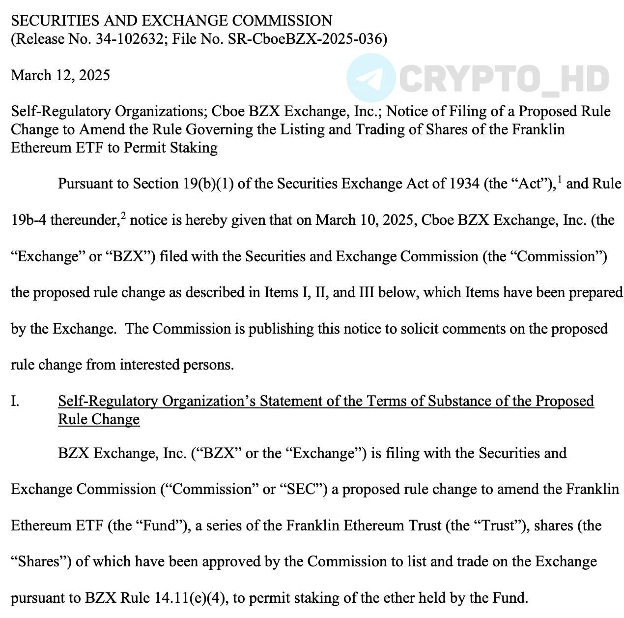 #ETH SEC приняла на рассмотрение заявку на добавление стейкинга в Ethereum ETF от Franklin Templeton  документ   Crypto Headlines