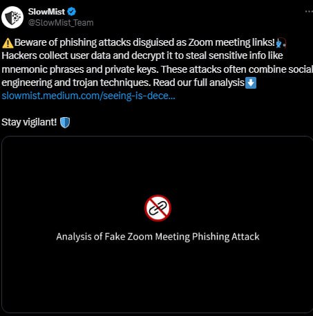 SlowMist предупреждает о фишинговых атаках с поддельными ссылками Zoom, использующими домен "app[.]us4zoom[.]us". Хакеры крадут сид-фразы и приватные ключи, заработав уже более $1 млн.    YouTube   Чат  Торговый клуб   Канал о трейдинге   Invcoin support