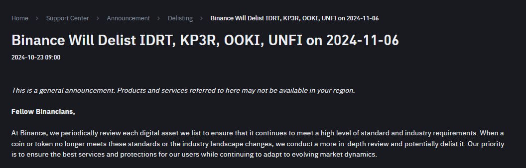 Делистинг на Binance  Биржа Binance объявила о масштабном делистинге ряда активов:    25 октября будет удалено несколько торговых пар, включая ALGO/FDUSD, CHR/ETH, DGB/BTC, GMX/BTC    6 ноября прекратится торговля токенами IDRT, KP3R, OOKI,   #CryptoNews     CRYPTOTALK   ЧАТ