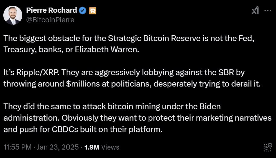 Pierre Rochard — «Самым большим препятствием для создания BTC-резерва в США является Ripple».   «Представители компании агрессивно лоббируют против покупки Биткоина, бросая миллионы $$$ политикам с целью сорвать подобный план. Они хотят защитить свои маркетинговые нарративы и продвигать CBDC, созданные на их платформе».    Мое мнение: А вот это интересно замечание, сегодня ближе к концу серии постов напишу свое мнение, где затрону CBDC и указы Трампа.