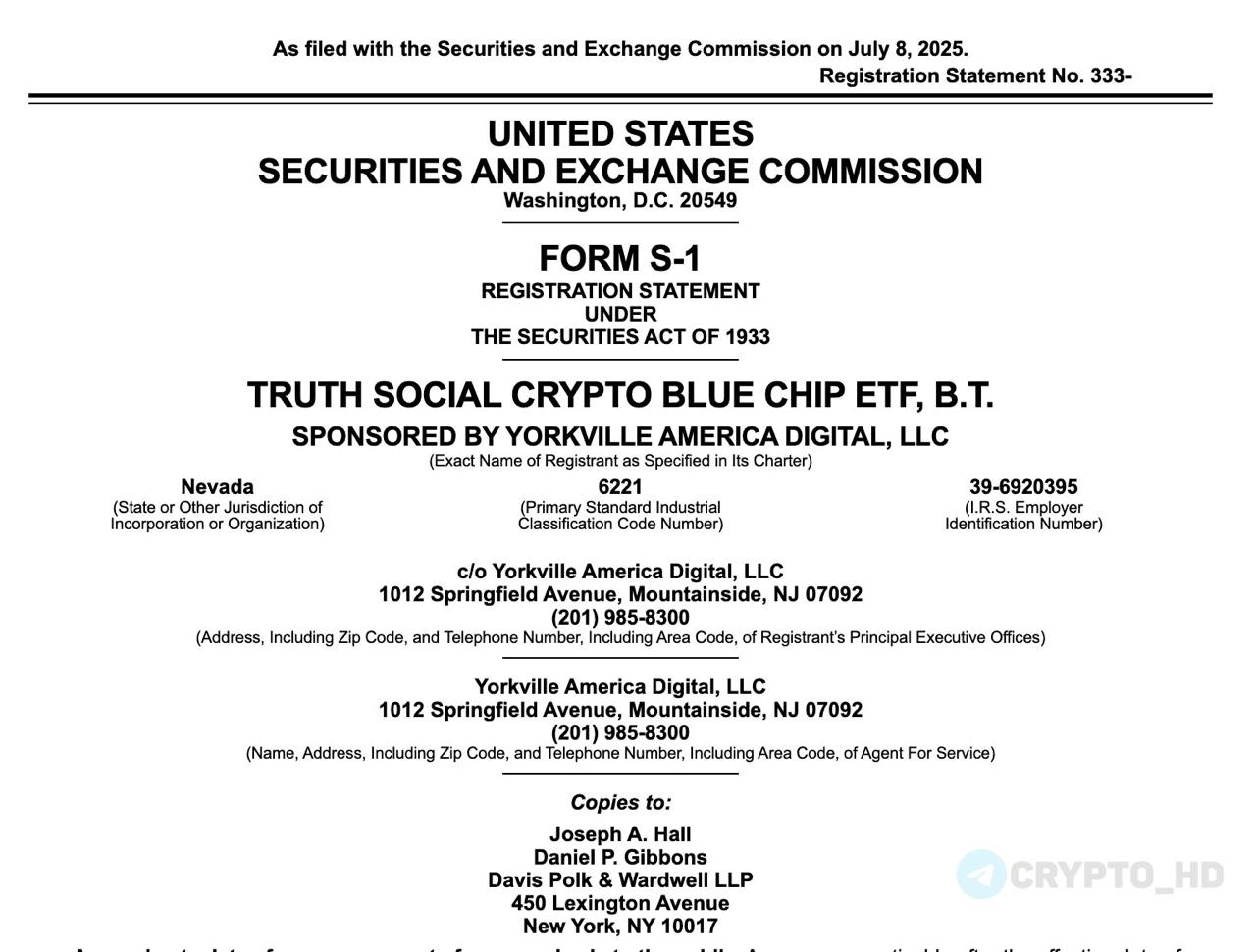 Компания Трампа Truth Social подала заявку в SEC на запуск «Crypto Blue Chip ETF». Crypto Blue Chip ETF – фонд, позволяющий инвестировать в «голубые фишки» крипторынка. Токены из заявки: #BTC, #ETH, #SOL, #XRP и #CRO. Crypto Headlines