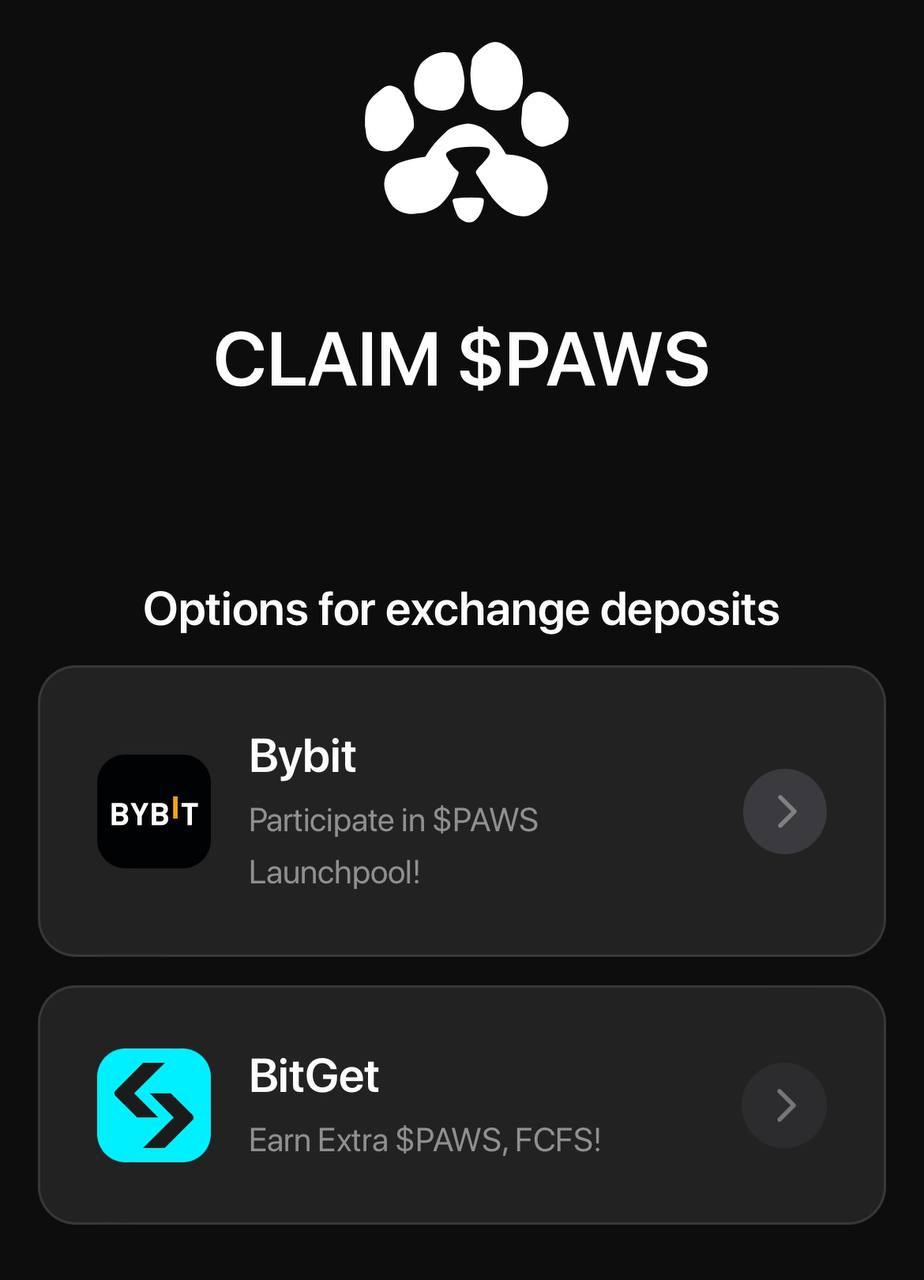 Открыли claim PAWS Комиссия клейма составляет 3%. Для вывода только две биржи: BYBIT и BITGET Разработчики также заявили, что финальный список бирж может быть обновлен, надежда на Бинанс умирает последней
