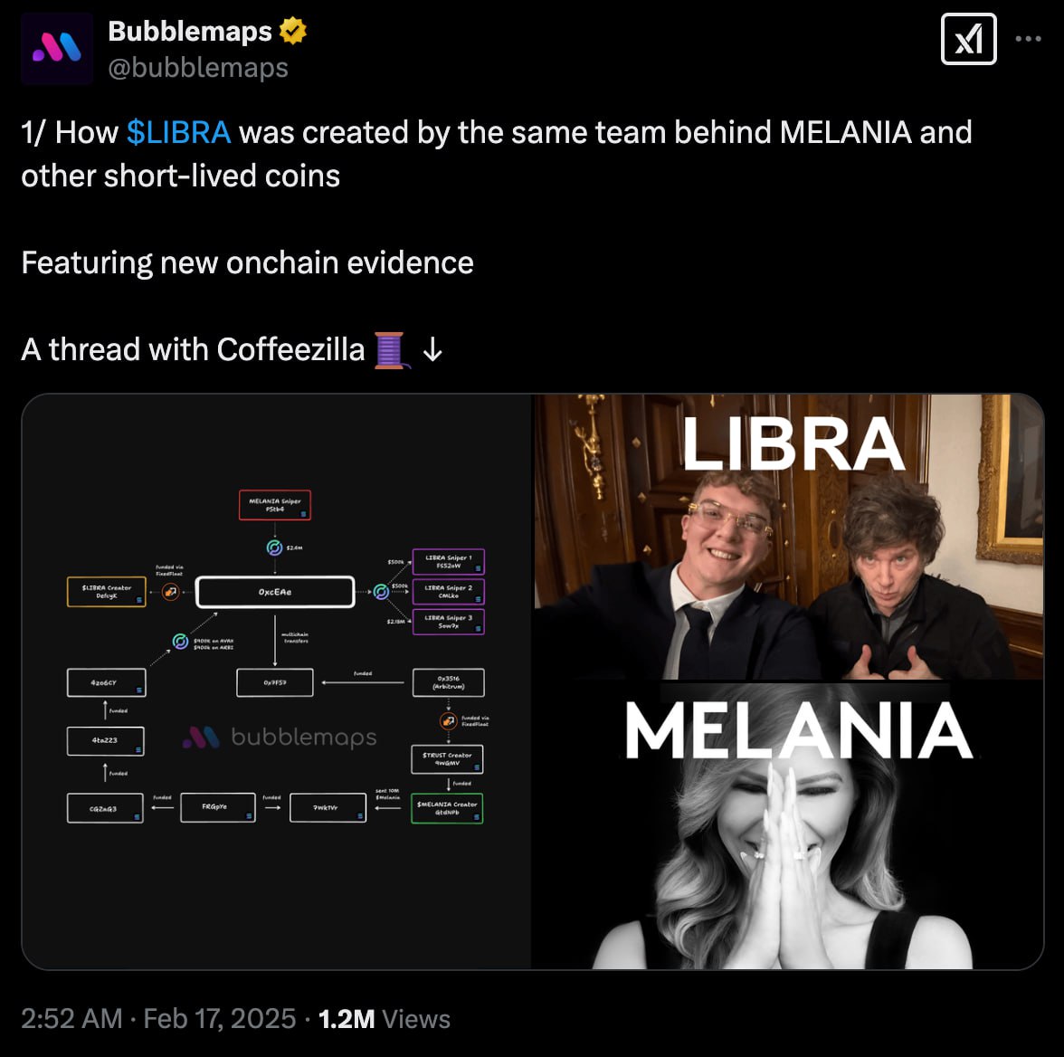 Создатели LIBRA и MELANIA одни и те же люди  Аналитики Bubblemaps сообщают, что токены MELANIA и LIBRA созданы одной и той же командой.  Крупные игроки узнали о LIBRA аж за две недели до запуска.  Подписаться   Биржи : LBank   Blofin   Bitunix   OKX Получай бонусы — регистрируйся на бирже!