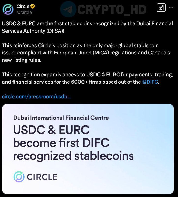 USDC и EURC – первые разрешенные в Дубае стейблкоины  blog   Регулятор Дубая  DFSA  официально одобрил #USDC и #EURC от Circle в качестве  «признанных криптотокенов» в Международном финансовом центре Дубая  DIFC .  Crypto Headlines