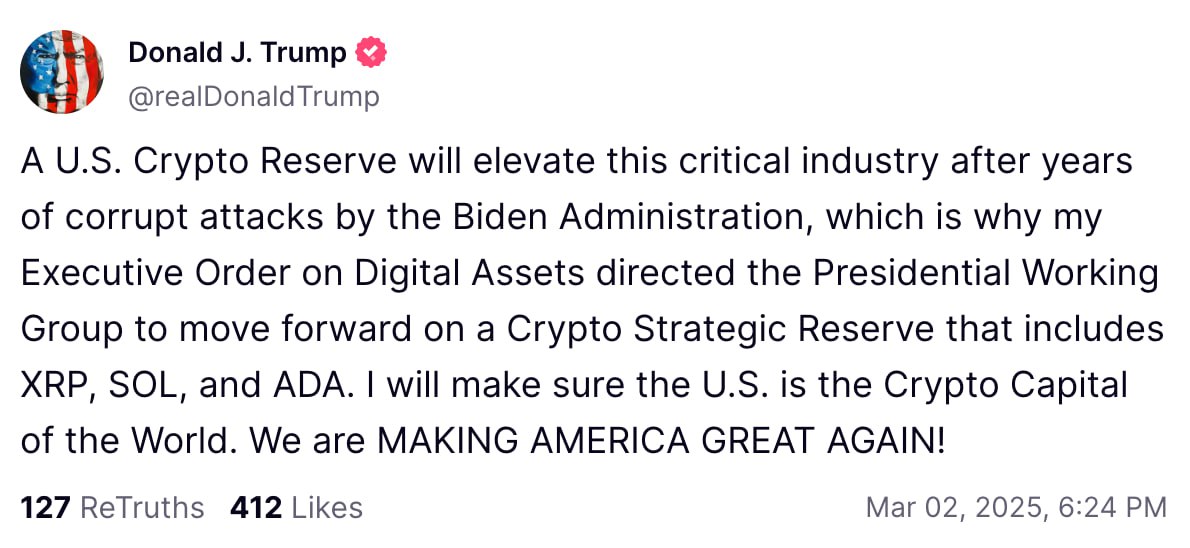 Трамп заявил о криптовалютном резерве США, включающим XRP, SOL и ADA  Президент США Дональд Трамп заявил, что его исполнительный указ о цифровых активах предусматривает создание стратегического крипторезерва США, в который войдут токены XRP, Solana  SOL  и Cardano  ADA . По его словам, это поможет укрепить индустрию цифровых активов после «годов коррупционных атак со стороны администрации Байдена».  «Исполнительный указ о цифровых активах поручил Президентской рабочей группе продвигать стратегический крипторезерв США, включающий XRP, SOL и ADA. Я добьюсь того, чтобы США стали криптостолицей мира», — написал Трамп в Truth Social.  Присоединяйтесь к форуму РБК Крипто