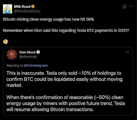 Илон Маск давно ляпнул, что Tesla возобновит прием оплаты в BTC, если майнеры начнут использовать не менее 50% энергии из возобновляемых источников    По данным на декабрь 2024 года, доля чистой энергии в майнинге биткоина достигла 56%, что соответствует поставленному условию    Остается ждать, когда Илон выполнит обещание     Crypto Bull   Чат по крипте
