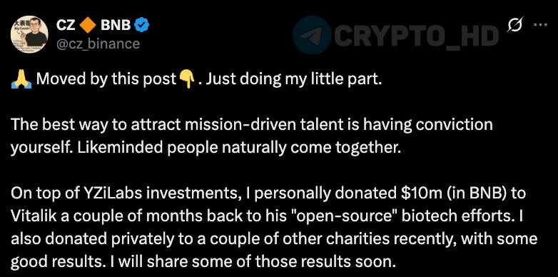 CZ инвестировал 10,000,000$ в #BNB в биотех-проект с открытым исходным кодом Виталика Бутерина – twitter  Crypto Headlines