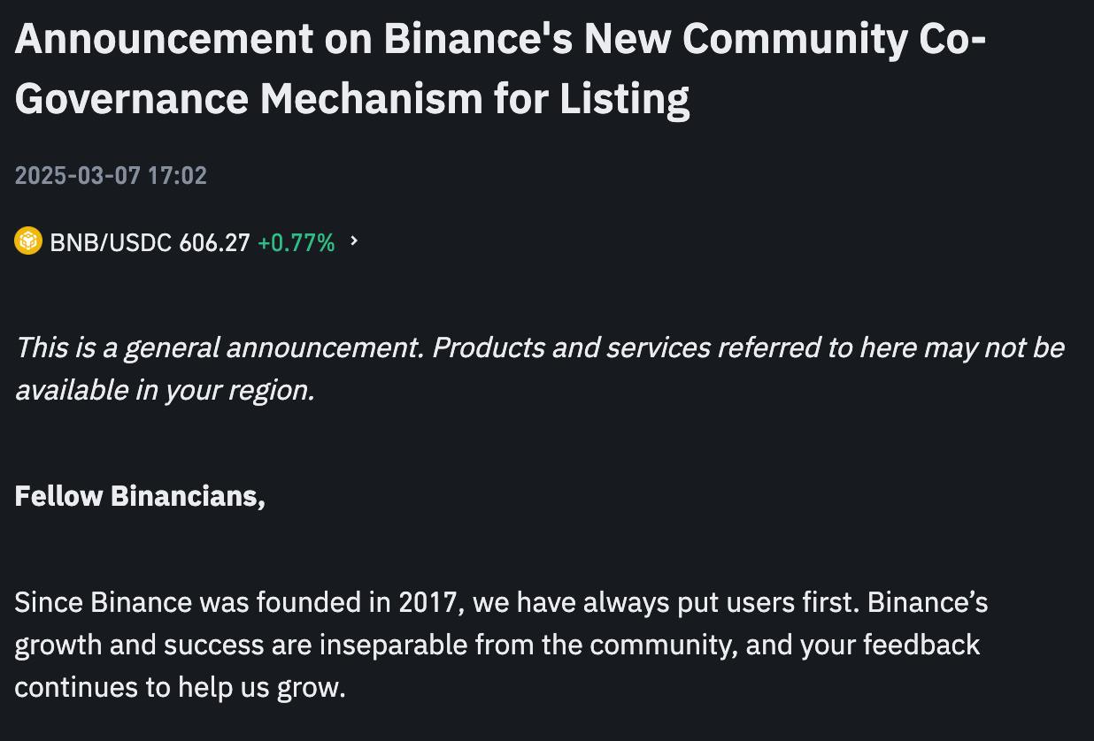 Binance совершенствует процесс листинга:  О деталях можно больше прочитать в материале   Если у проекта есть выделенный бюджет на листинг, эта информация будет указана в объявлениях. Бюджетные токены будут распределяться среди пользователей Binance через различные форматы airdrop. Комиссия за листинг отсутствует;  Вводятся механизмы «Голосование за добавление» и «Голосование за исключение», позволяющие сообществу активнее участвовать в процессе листинга и влиять на решения;  Эксклюзивные проекты Binance Wallet TGE  Token Generation Event  получат прямой доступ к Binance Alpha Observation Zone.  Интересно, улучшит ли это ситуацию с листингами монет, многие из которых на прошлом буллране не имели бы шансов на появление на Binance? К тому же, и расценки на листинг на горячем рынке увеличились в разы. Дажe тир-4 биржи просят за листинг от $250000, хотя более года назад ценник был во много раз меньше.   Также интересно поможет ли это мелким проектам  хотя бы из-под крыла самого Binance , ведь пока что лучшая стратегия для них — как раз не покупать листинг на топ бирже, а вкладывать в маркетинг и пул на DEX-е.  Twitter ENG   Регистрируйся и торгуй на BingX, Bybit, KuCoin и OKX