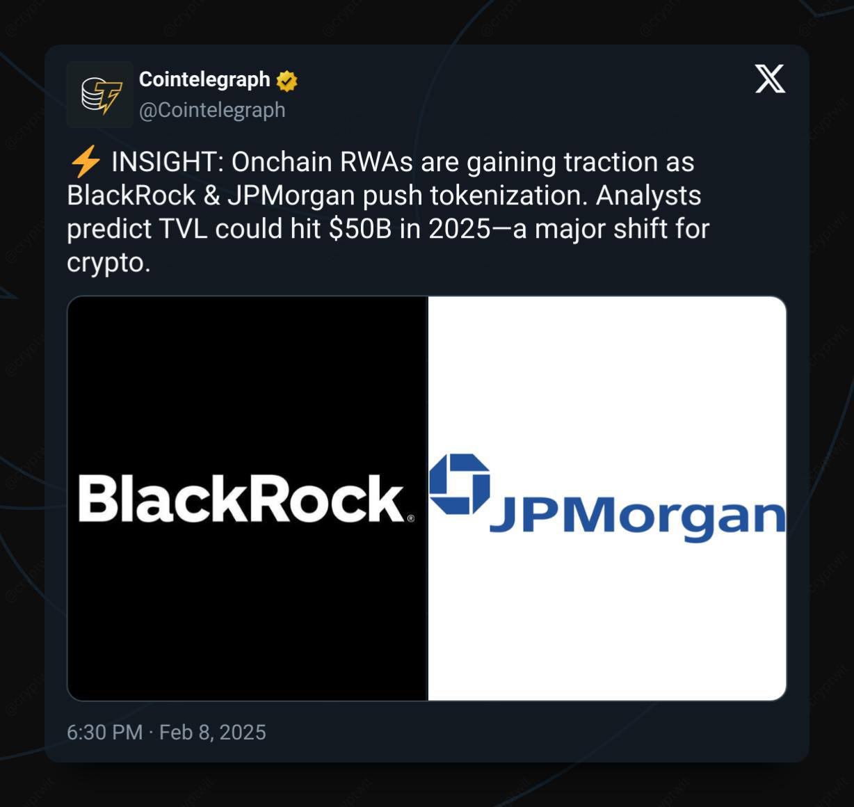 Токенизация реальных активов набирает обороты    BlackRock и JPMorgan активно продвигают ончейн RWA, а аналитики прогнозируют, что TVL может достичь $50 млрд. в 2025 году.  Это серьезный сдвиг для крипторынка и новая точка роста.