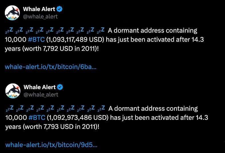 Старые киты BTC активизировались Два Bitcoin-кошелька перевели 20 000 BTC после 14 лет бездействия. В 2011 году пользователь купил эти монеты за $7 800, сейчас их стоимость возросла до $2.18 млрд.