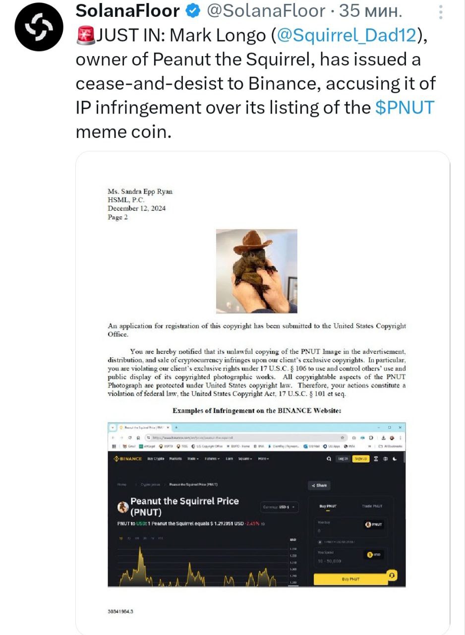 Марк Лонго, владелец белки Peanut, направил в адрес Binance письмо с требованием о прекращении противоправных действий, обвинив ее в нарушении интеллектуальной собственности в связи с листингом мем-коина PNUT, созданного в честь его погибшего домашнего питомца.    - поддерживайте канал реакцией    - подписывайтесь на Крипто Твиты