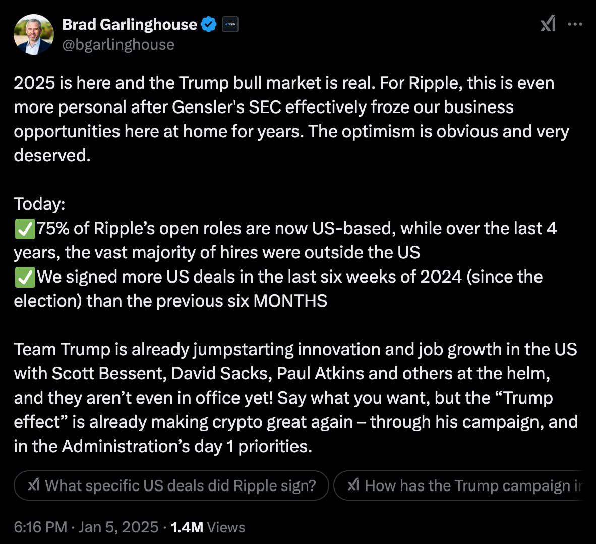 CEO Ripple Labs заявил об успехе компании в США после победы Трампа Генеральный директор Ripple Labs, Брэд Гарлингхаус, отметил, что компания значительно улучшила свои позиции в США после избрания Дональда Трампа на пост президента. Согласно его словам, 75% открытых вакансий в Ripple теперь находятся в США. Это большой контраст с предыдущими четырьмя годами, когда большинство новых сотрудников были наняты за пределами страны. С момента выборов, в последние шесть недель 2024 года, компания подписала больше сделок в США, чем за последние полгода. Как думаете, усиление позиций Ripple в США поможет компании закрепить лидерство на крипторынке? — Да, это приведет к новым успехам — Сомневаюсь, конкуренция велика Торгуем на биржах ByBit OKX KuKoin Bitget