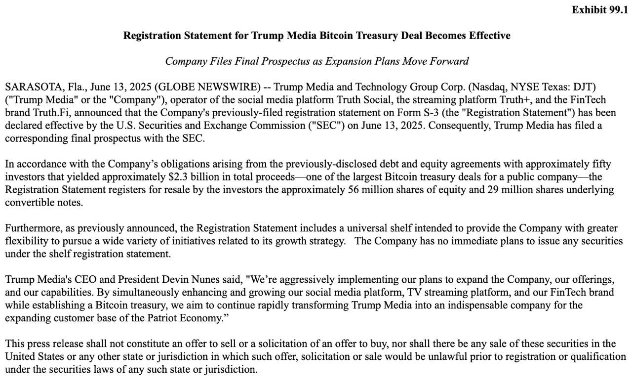 SEC одобрила инициативу компании Трампа TMTG по формированию BTC-резерва TMTG – Группа медиа и технологий Трампа.