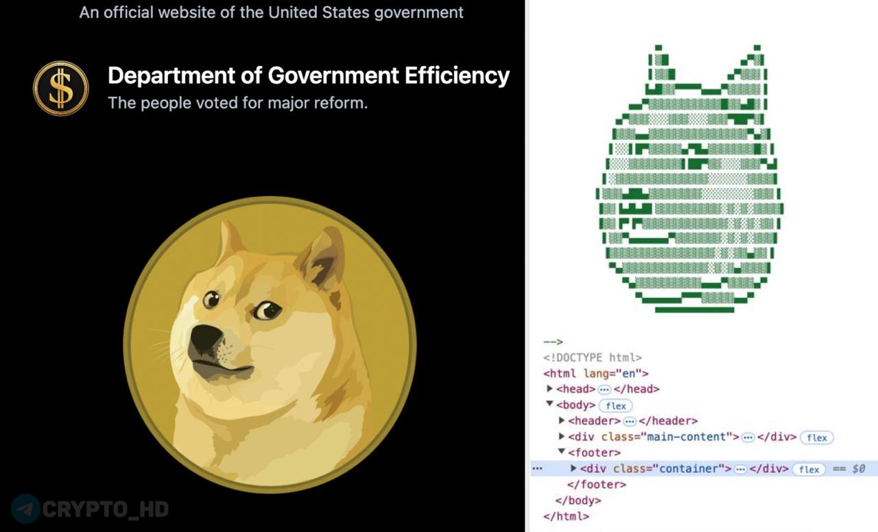 #DOGE У D.O.G.E  Department of Government Effectively  появился официальный сайт – ссылка  На сайте департамента эффективности государственного управления пока красуется только логотип Dogecoin, больше никакой информации  twitter   Сегодня ночью Дональд Трамп издал указ об учреждении D.O.G.E.  UPD: В коде сайта также зашит логотип Dogecoin.  Ранее: судебный иск  Crypto Headlines