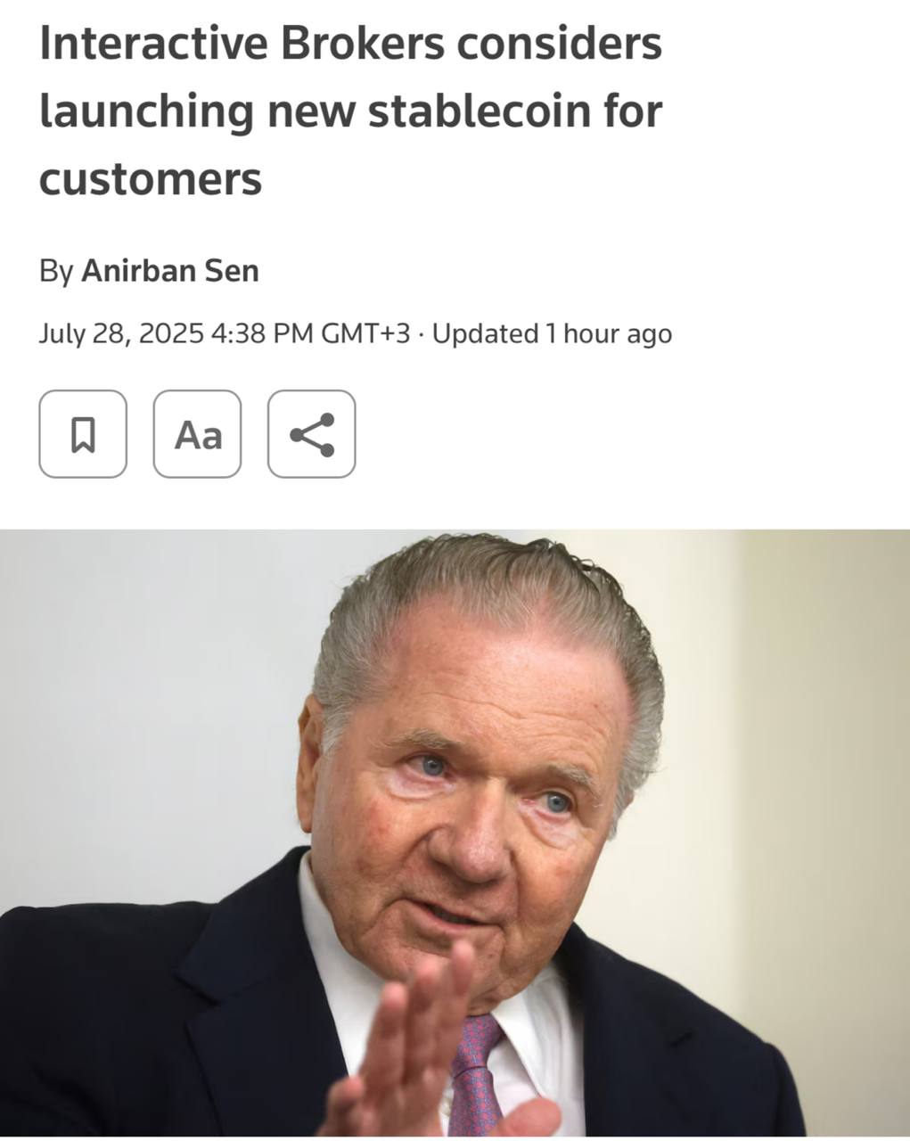 Interactive Brokers может запустить собственный стейблкоин.  — Один из крупнейших брокеров мира с рыночной капитализацией в $110 миллиардов рассматривает возможность выпуска собственного стейблкоина для своих клиентов.  — Основная цель — обеспечить мгновенные пополнения счетов круглосуточно и переводы криптоактивов напрямую через блокчейн.  — Брокер также готов поддерживать сторонние стейблкоины, если их эмитенты будут вызывать доверие.  — При этом основатель компании, миллиардер Томас Питерфи, по-прежнему сомневается в фундаментальной ценности криптовалют.  Оставайтесь в курсе последних новостей вместе с