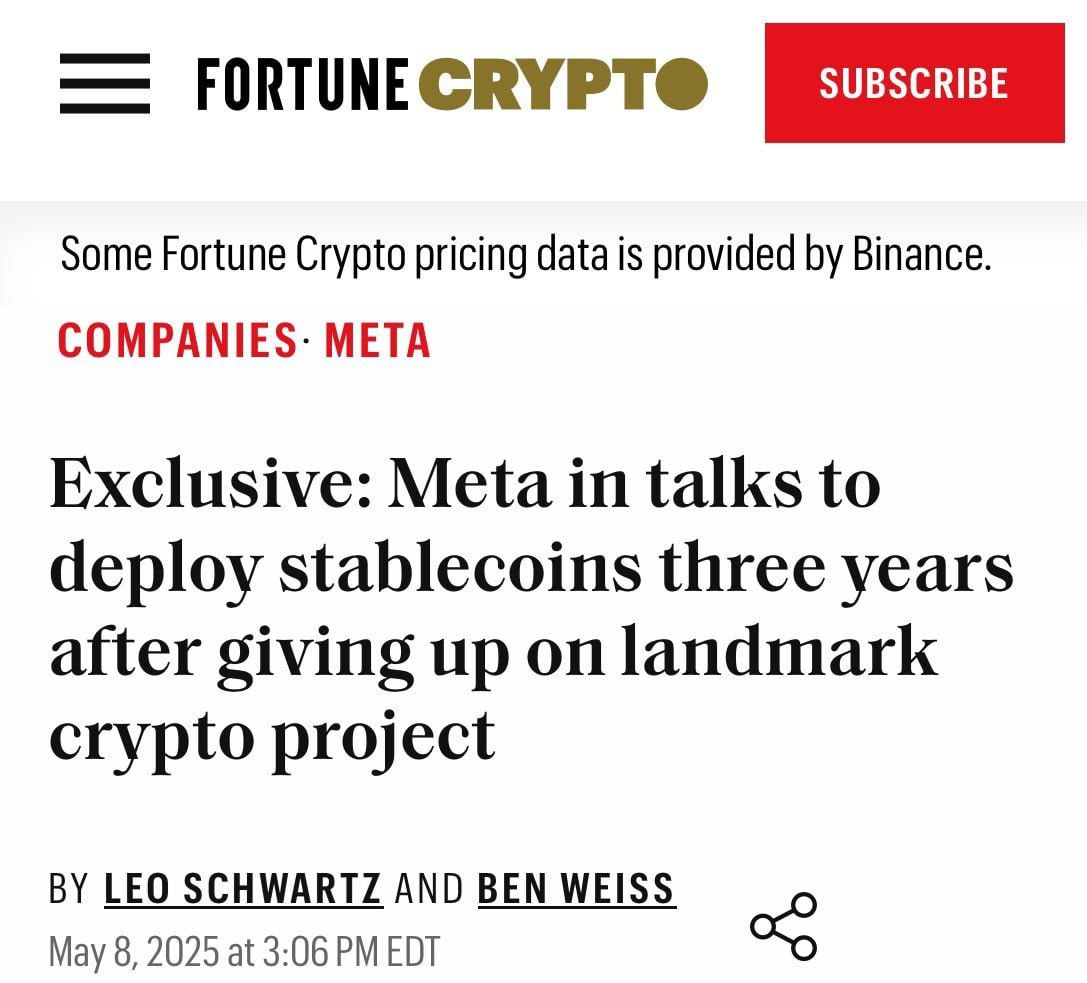 Meta ведет переговоры о добавлении стейблкоинов для управления выплатами По данным источников Fortune, Meta ведет переговоры с криптовалютными компаниями об интеграции стейблкоинов в качестве способа оптимизации и управления выплатами. Крупные технологические компании возвращаются в строй — тихо, но уверенно.