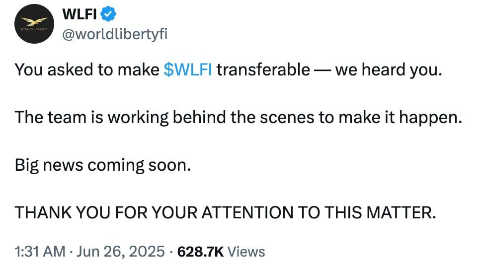 ⏺ WLFI выходит в публичную торговлю, команда готовит обновления Проект World Liberty Financial — с участием семьи Трампа — анонсировал листинг токена WLFI. Сооснователь Зак Фолкман заявил о заинтересованности крупных компаний и анонсировал мобильное приложение WLFI, которое будет представлено вместе с запуском торгов. Начни торговать криптовалютой на Bybit Крипто Вестник Подписаться