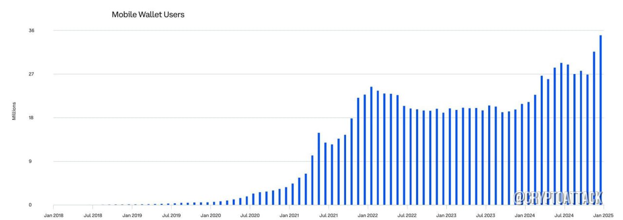 Число пользователей мобильных криптовалютных кошельков достигло исторического максимума в 36 миллионов в Q4 2024 года.