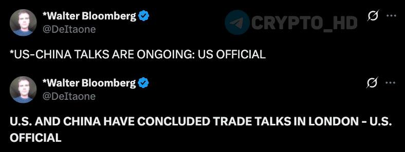 #торговаявойна Завершился второй день торговых переговоров США и Китая в Лондоне – но это пока не конец Bloomberg Ранее: продвигаются хорошо Crypto Headlines