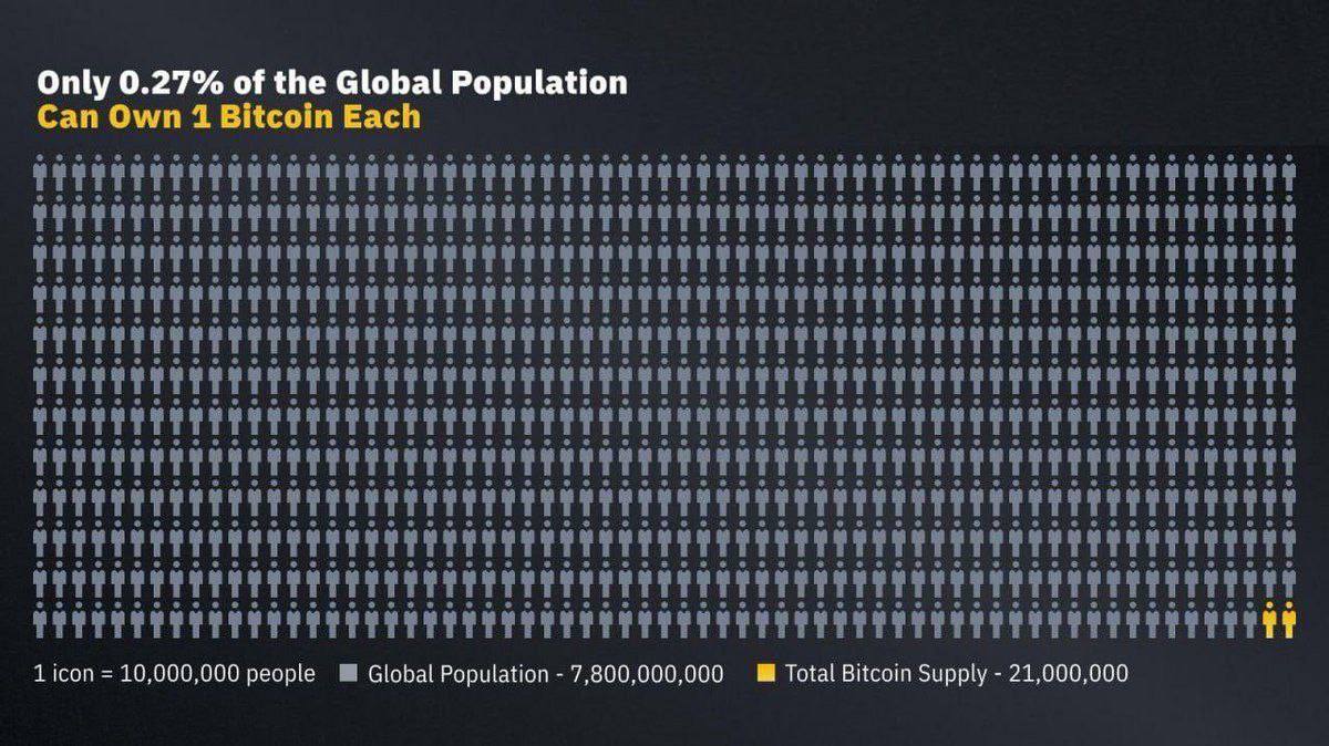 BTC не хватит на всех Эмиссия Биткоина ограничена — всего 21 млн монет. Если разделить это число на всё население планеты, то лишь 0,27% людей смогут владеть целым BTC — на картинке это хорошо видно Но реальность ещё жёстче: — часть монет утеряна навсегда — почти половина находится у китов Вывод: шанс владеть 1 BTC — крайне редкая возможность.