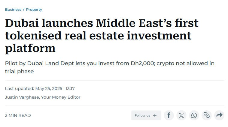 Дубай запускает первую токенизированную платформу недвижимости на Ближнем Востоке Новый проект Prypco Mint, реализуемый Департаментом земель Дубая, позволяет инвестировать в недвижимость всего от 2000 дирхамов ~$540 . Партнёры: Prypco, Ctrl Alt, Zand Bank Поддержка: Центральный банк ОАЭ, VARA, Dubai Future Foundation На старте — только дирхам, криптоплатежи в тестовом режиме не поддерживаются. Цель — сделать недвижимость доступной и цифровой для резидентов. #RWA #внедрение Satoshkin KYT bot Бот для P2P P2P-платформы Процессинг-офферы