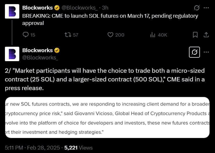 CME запускают фьючерсы на Solana  Chicago Mercantile Exchange  CME — крупнейшая в мире фьючерсная биржа, объявила о запуске фьючерсов на SOL  Если регуляторы одобрят заявку, торги начнутся 17 марта      Будет доступно два вида фьючерсов: микро-контракт  25 SOL  и крупный контракт  500 SOL     CME уже предлагает фьючерсы на BTC и ETH, теперь расширяет линейку продуктов для институциональных инвесторов  CME – это ключевая платформа для хедж-фондов и крупных трейдеров, которые предпочитают торговать криптовалютами через регулируемые финансовые инструменты — запуск SOL-фьючерсов может привлечь институциональные деньги и повысить ликвидность актива