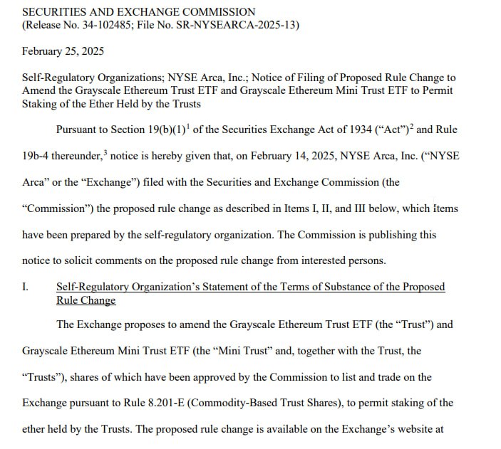 #eth SEC приняла на рассмотрение заявку на добавление стейкинга в Ethereum ETF от Grayscale!   Крайний срок решения SEC = 240 дней после добавления в фед. реестр  этот период разбит на 4 этапа: 45 дней, 45 дней, 90 дней и 60 дней .