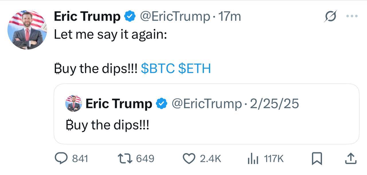Эрик Трамп вышел на связь и призывает откупать падение BTC и ETH. Ждём бритву лонгов 