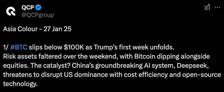 QCP Capital: Deepseek представляет угрозу для фондового рынка США. Не исключено, что Дональд Трамп предпримет решительные шаги, чтобы противостоять китайскому стартапу и стабилизировать ситуацию на американском фондовом рынке, выступив в роли защитника рискованных активов. Однако значительного роста Биткоина, скорее всего, не произойдет без прогресса в создании BTC-резервов в США. Сообщения о «рассмотрении возможности формирования национального запаса цифровых активов» недостаточны для поддержания устойчивого бычьего тренда. Индекс волатильности VIX демонстрирует рост на фоне ожиданий заседания ФРС, которое состоится 29 января. Оставайтесь в курсе последних новостей вместе с