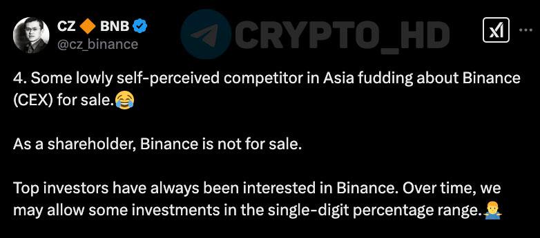 #слухи #bnb   В сети распространяются слухи о продаже биржи Binance!  CZ: «Binance не продается. В будущем возможно привлечение небольших инвестиций  в диапазоне однозначных % ».    Соосновательница Binance также опровергает информацию о возможной продаже биржи – Yi He  Crypto Headlines