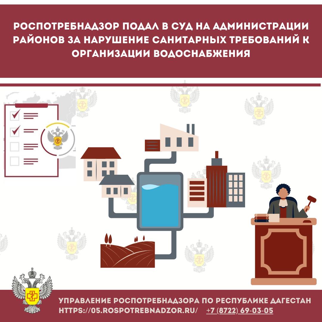 Роспотребнадзор подал в суд на администрации районов за нарушение санитарных требований к организации водоснабжения Администрации Буйнакского и Унцукульского района продолжают нарушать законодательство в области водоснабжения. За невыполнение предписаний Роспотребнадзора материалы в отношении администраций направлены в суд. Территориальным отделом в городе Буйнакске подготовлены исковые заявления в суд, требующие от администраций организовать и проводить производственный лабораторный контроль качества воды, подаваемой населению. Отсутствие производственного лабораторного контроля качества питьевой воды перед ее подачей населению создает угрозу для здоровья. Это может привести к вспышкам острых кишечных инфекций водного характера, так как отклонения в качестве воды не выявляются своевременно.